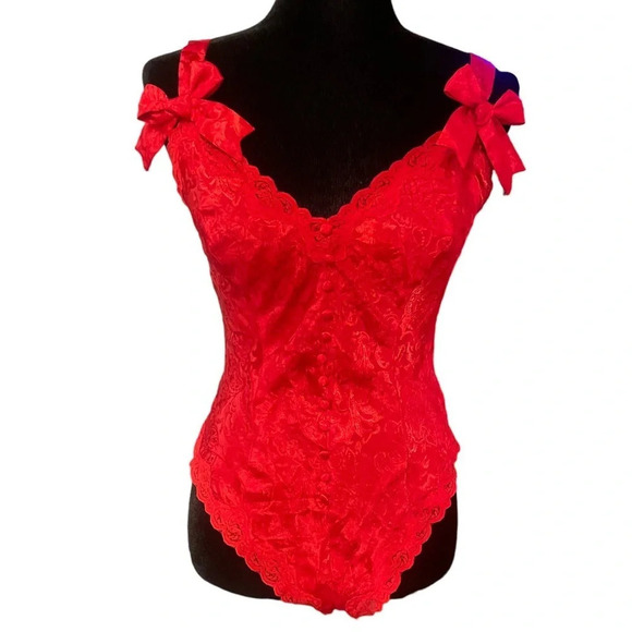 Victoria's Secret Other - Vintage Victoria’s Secret Gold Label Red Brocade Teddy One Piece Bow Lingerie